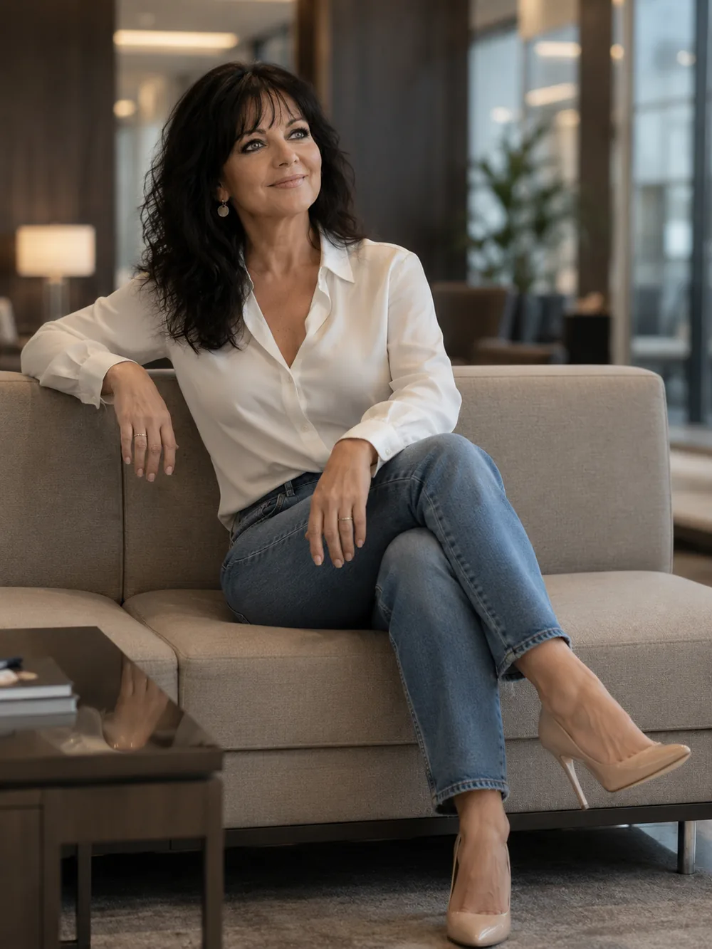 Porträt von Birgitt Groth – Medium der Seelenpläne, sitzend in warmem Ambiente